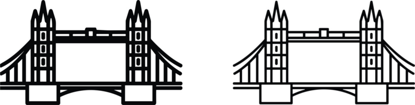 London Tower Bridge Vector Icons in Dark and Light Outline Architectural Design Styles
