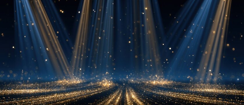Stage with spotlights and glittering particles