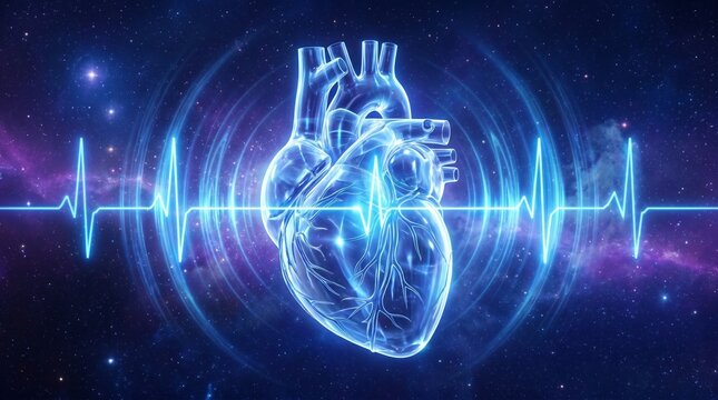 Digital human heart scan with glowing neon lines on dark background, medical technology innovation, futuristic cardiology research.