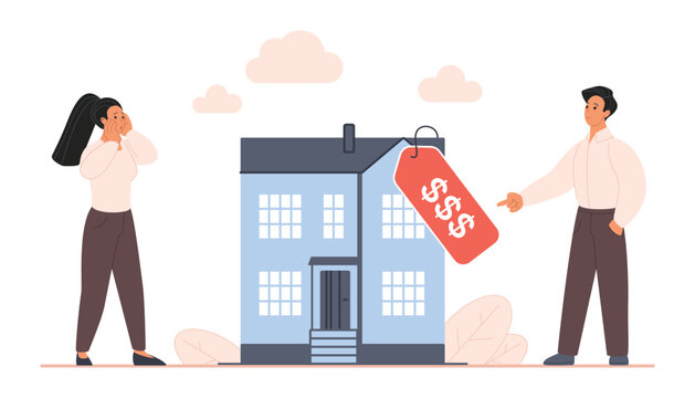 Young couple reacting to expensive house price tag, concept of home affordability, mortgage stress and real estate market inflation, flat style, isolated on white background vector illustration