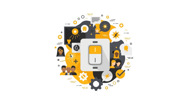 Modern Business Innovation Concept with Light Switch, Diverse People Icons, and Technology Symbols for Energy Efficiency, Smart Solutions, and Collaborative Idea Generation