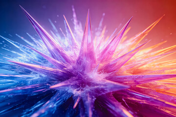Fototapeta premium A 3D rendered abstract burst of translucent, glowing crystal spikes in vibrant purple, blue and orange hues.