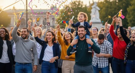 Fototapeta premium A diverse group of people celebrating with confetti and fireworks in a park.