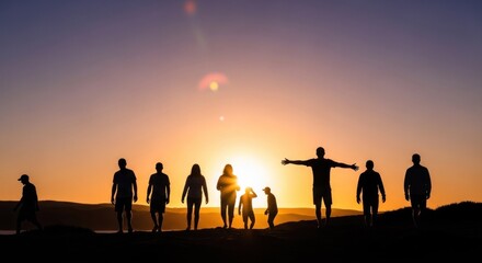 Fototapeta premium A group of people standing on a hillside at sunset, with a clear sky and a mountain in the background.