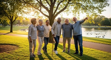 Obraz premium A group of elderly individuals standing together in a park, with a lake in the background.