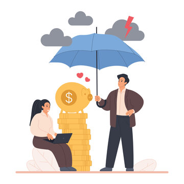 People protect piggy bank savings with umbrella from financial risk and crisis, symbolizing insurance, security, money management and long term stability, isolated on white vector illustration