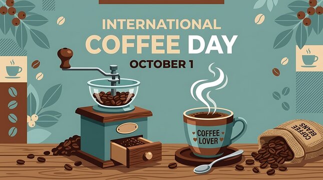 International Coffee Day Illustration with Coffee Beans Cup and Espresso Machine