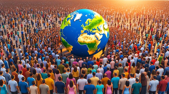 Large crowd of diverse people standing around a big globe