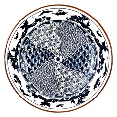 Top view of a traditional East Asian blue and white ceramic plate, showcasing intricate geometric patterns, repeating fish scale motifs, and an elegant hand-painted landscape border. © Antonios