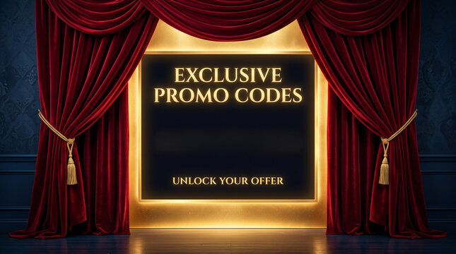 Elegant red curtains reveal exclusive promo codes announcement