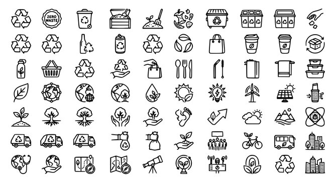 Zero Waste Outline Icon Collection Editable Stroke Recycling Compost Sustainability Eco Environment Vector Set on White Background