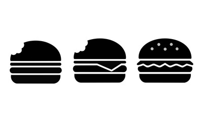 Fototapeta premium Three simplified burger icons with stylized bite marks on the buns in a minimal flat style isolated on a white background food and dining concept