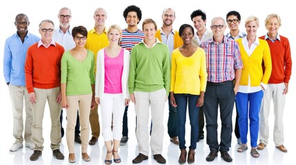 Obraz premium A diverse group of people standing together in a line, wearing colorful clothing, against a white background.