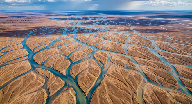 Dried cracked earth with riverbed patterns near ocean shoreline