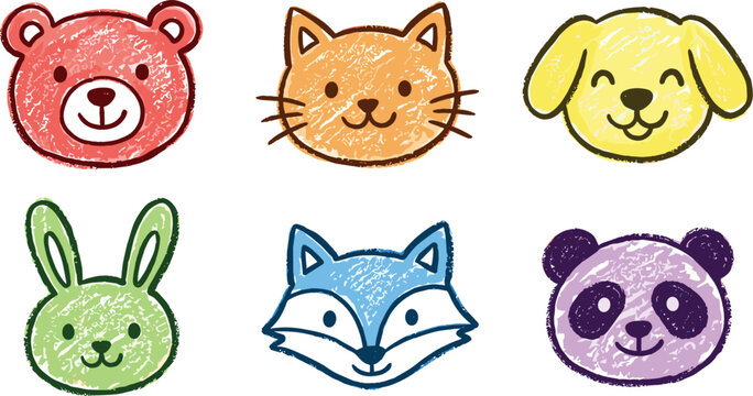Cute Animal Face Set with Bear, Cat, Dog, Rabbit, Fox, and Panda in Hand Drawn Crayon Texture Style