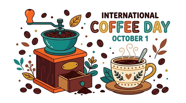 International Coffee Day illustration with coffee beans grinder and cup on white background