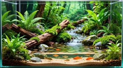 Fototapeta premium Small fish swim in clear water tank. Lush green plants and moss cover logs and rocks. Tiny waterfall flows in jungle diorama. Peaceful natural scene.