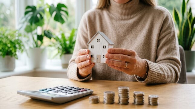 Woman calculating home expenses with model house and coins