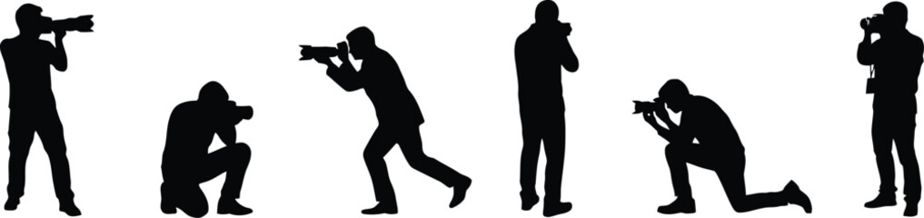 Photographers silhouette vector illustration featuring a professional paparazzi journalists media press reporters group shooting outdoor pictures with digital camera gear (Exactly 20 words) © MsAbuBakkar