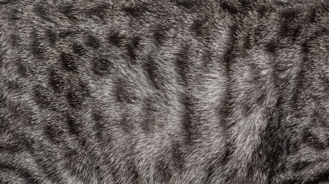 Close up view of soft cat fur texture showing detailed dark grey tabby stripes and natural pattern