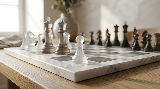 Elegant Glass Chess Set on Marble Board in Sunlit Room