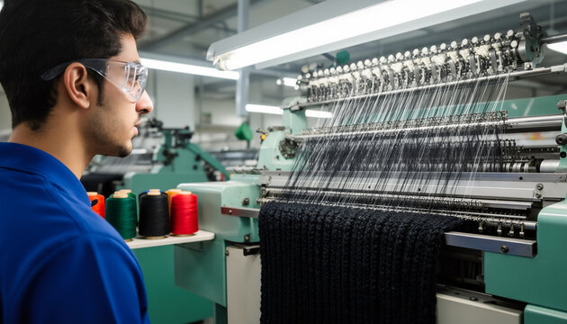 Focused male textile factory worker wearing safety glasses operating a large industrial spinning machine with multiple black threads in a modern garment manufacturing production workshop