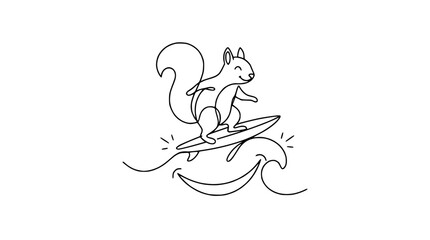 Obraz premium Cute Squirrel Surfing on Wave - Line Art, Minimalist Style