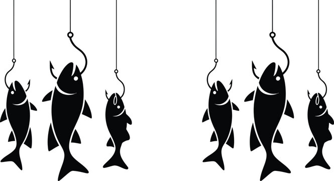 Black fish icons on hooks, fishing symbols, silhouette collection, vector graphics