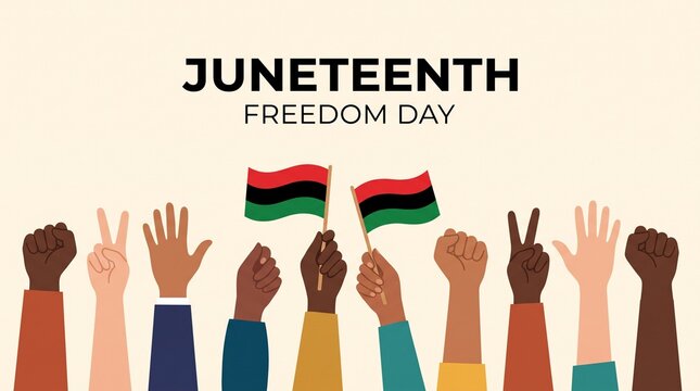 Raised hands holding flags a juneteenth freedom day vector illustration