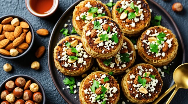 Warm Qatayef pancakes piled high, topped with nuts and cheese, ready for syrup. Traditional Middle Eastern sweet dessert enjoyed during Ramadan celebrations. Delicious stuffed pastry.