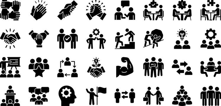 Corporate Business Teamwork and Collaboration Glyph Icon Pack - Professional Management Partnership Leadership and Community Support Pictogram Vector Set