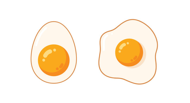Simple illustration of a halved hard boiled egg and a sunny side up fried egg side by side against a clean white background.
