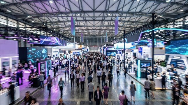 Crowded exhibition hall with futuristic digital displays and attendees walking