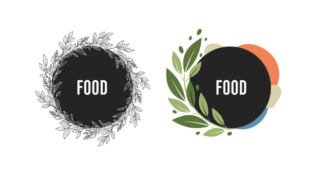 Two different food logo designs featuring the word FOOD inside circular frames decorated with hand drawn and flat green leaves.