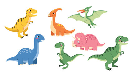 Obraz premium Set of diverse cartoon dinosaur species including tyrannosaurus rex, triceratops, pteranodon, and brachiosaurus on a white background.