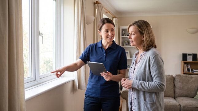 Specialist advising homeowner about window efficiency