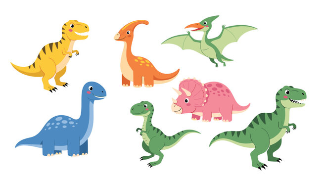 Set of diverse cartoon dinosaur species including tyrannosaurus rex, triceratops, pteranodon, and brachiosaurus on a white background.
