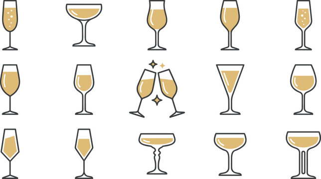 Champagne Glass Collection with Flute, Coupe, Tulip, Cocktail, Sparkling Wine, and Elegant Beverage Glassware Vector Icon Set