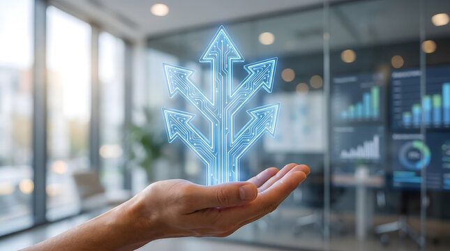 Hand holding glowing multi-directional digital arrow for business strategy and decision making concept, Technological growth and alternative business paths with digital circuit board branching.