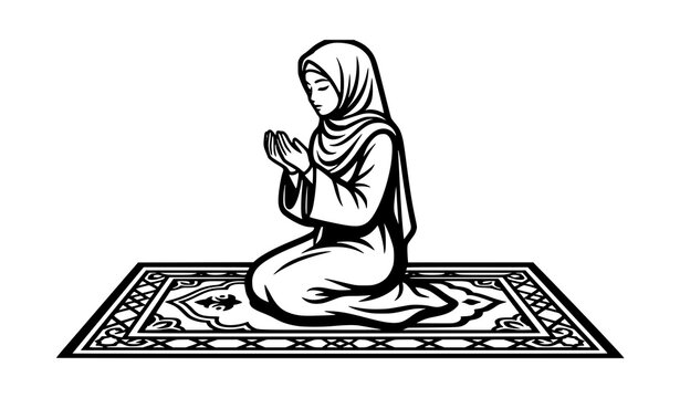 Muslim woman praying on salah mat line art vector coloring page