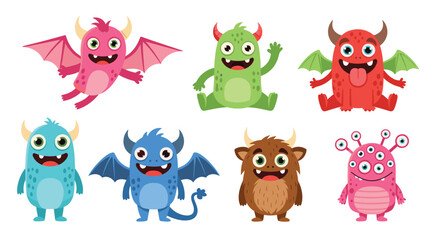 Fototapeta premium Collection of eight colorful cartoon monsters with wings, horns, and multiple eyes showing various expressions on a white background.
