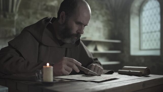 Monastic scribe studying a handwritten religious manuscript while following calligraphy text lines on parchment with a penknife next to a burning candle inside a dark library