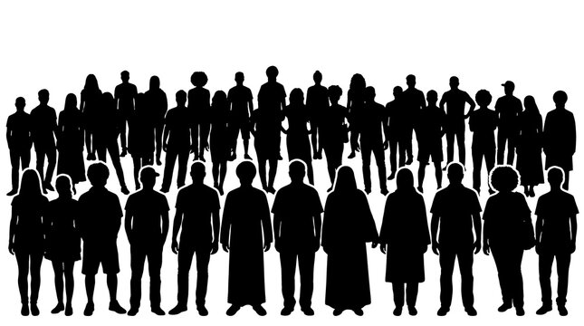 Silhouetted Multitude: A dense assembly of diverse human figures stands united, their forms rendered in stark black silhouettes against a bright, uncluttered backdrop.