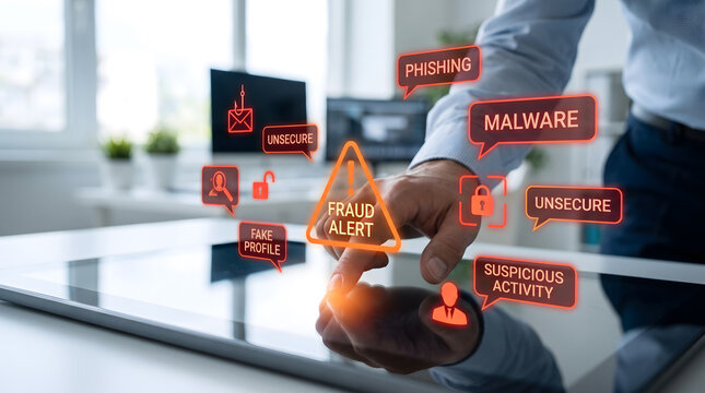Man touching digital tablet with fraud alert, phishing, and malware cyber security warning concept, Cyber threat detection and online scam prevention concept with glowing red warning holograms.