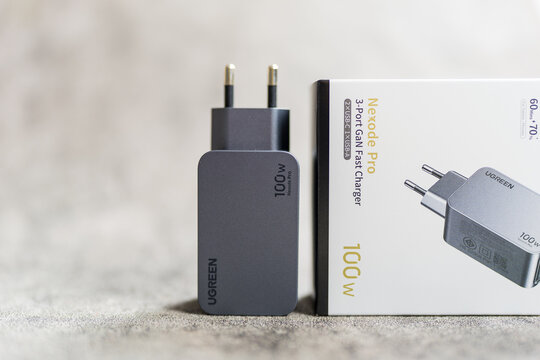 Bangkok, Thailand - July 5, 2026 : UGREEN Nexode Pro 100W 3-Port GaN Fast Charger. 100W high-performance USB C charger.