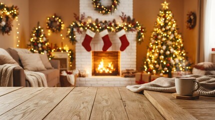 Fototapeta premium Cozy christmas living room scene with fireplace stockings and decorated tree for holiday marketing