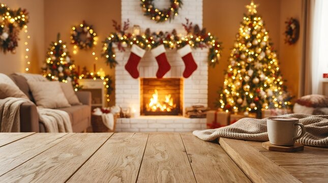 Cozy christmas living room scene with fireplace stockings and decorated tree for holiday marketing