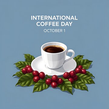 International Coffee Day illustration with coffee cup beans and leaves on blue background