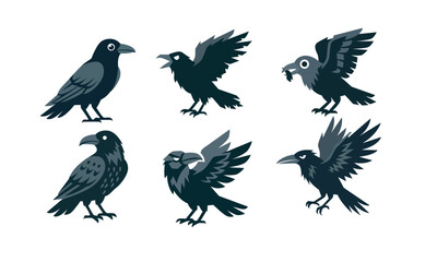 Fototapeta premium Set of cartoon ravens birds flying standing and eating vector illustration.
