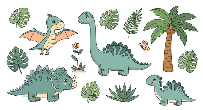 Adorable set of cartoon dinosaurs such as brontosaurus and triceratops with tropical monstera leaves and a palm tree on white.